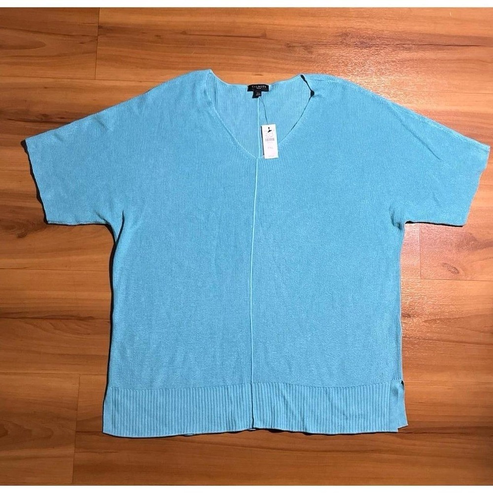 Womens NWT Talbots V-Neck Ribbed Cotton Blend Aqua Short Sleeve Sweater